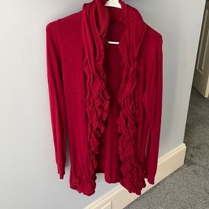 Red ruffled collar cardigan sweater. Size L.